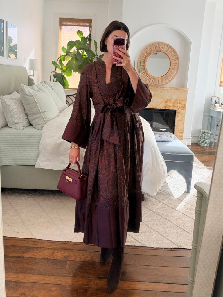 burgundy silk dress with boots and purse