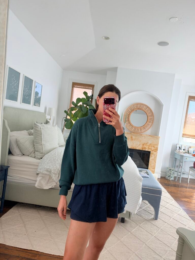 a varley sweatshirt and Lululemon shorts